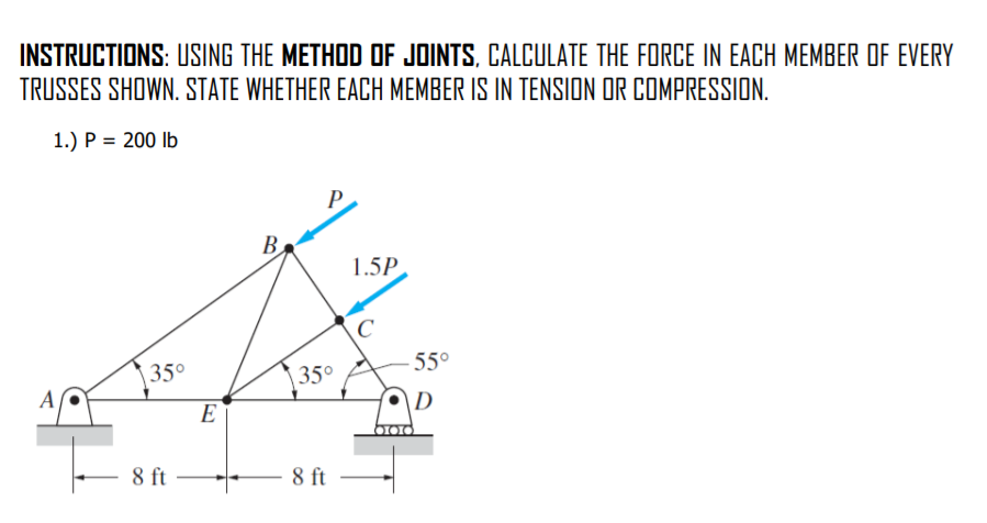 INSTRUCTIONS: USING THE METHOD OF JOINTS, CALCULATE THE FORCE IN EACH MEMBER OF EVERY
TRUSSES SHOWN. STATE WHETHER EACH MEMBER IS IN TENSION OR COMPRESSION.
1.) P = 200 lb
P
B.
1.5P
C
| 35°
- 55°
35°
E
D
8 ft
8 ft
