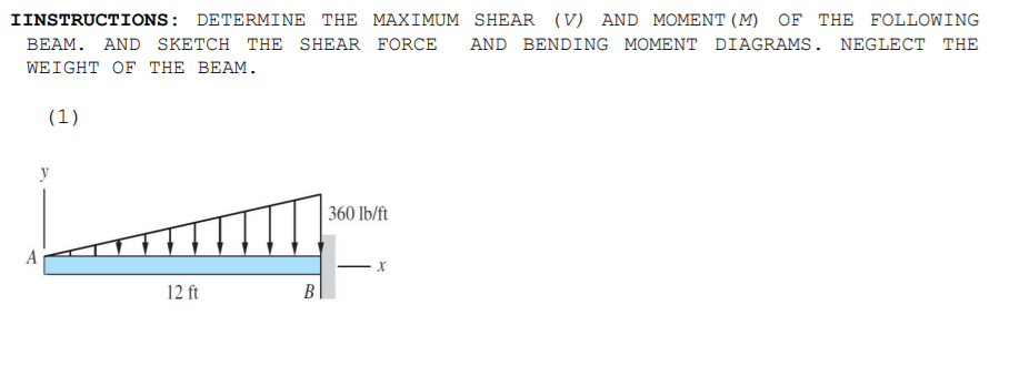 IINSTRUCTIONS: DETERMINE THE MAXIMUM SHEAR (V) AND MOMENT (M) OF THE FOLLOWING
BEAM. AND SKETCH THE SHEAR FORCE
AND BENDING MOMENT DIAGRAMS. NEGLECT THE
WEIGHT OF THE BEAM.
(1)
360 lb/ft
A
12 ft
B
