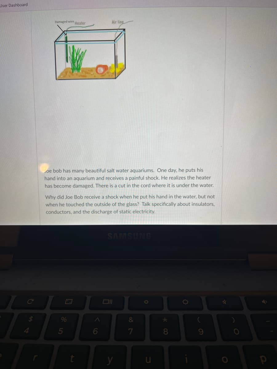 User Dashboard
Damaged wire Heater
Air line
Loe bob has many beautiful salt water aquariums. One day, he puts his
hand into an aquarium and receives a painful shock. He realizes the heater
has become damaged. There is a cut in the cord where it is under the water.
Why did Joe Bob receive a shock when he put his hand in the water, but not
when he touched the outside of the glass? Talk specifically about insulators,
conductors, and the discharge of static electricity.
ONNSWVS
24
%
&
4.
5
6
7
8
y
