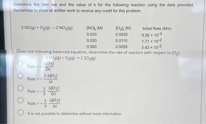 Determine the rate law and the value of k for the following reaction using the data provided.
Remember to show all written work to receive any credit for this problem.
2 NO(g) + O₂(g) → 2 NO₂(g)
[02]i (M)
Initial Rate (M/s)
0.0055
8.55 x 10-3
0.0110
1.71 x 10-2
0.0055
3.42 x 10-2
Given the following balanced equation, determine the rate of reaction with respect to [0₂].
2 SO2(g) + O2(g) → 2 SO3(g)
A[0₂]
Dt
O
Rate =--
Rate = +
Rate = --
2 4[0₂]
At
Rate = +
1
3
Δ[02]
Dt
[NO]; (M)
0.030
0.030
0.060
1 4[0₂]
3 At
It is not possible to determine without more information.