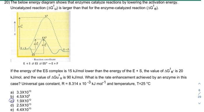 20) The below energy diagram shows that enzymes catalyze reactions by lowering the activation energy.
Uncatalyzed reaction (AG'u) is larger than that for the enzyme-catalyzed reaction (AG*e).
AG
a) 3.3X1010
b) 4.5X109
EXI
Reaction coordinate
E+SES EXE+P
1.9X10¹2
d) 2.5X10¹3
e) 4.4X1010
AG
If the energy of the ES complex is 15 kJ/mol lower than the energy of the E + S, the value of AG* e' is 20
kJ/mol, and the value of AGu u is 90 kJ/mol. What is the rate enhancement achieved by an enzyme in this
case? Universal gas constant, R = 8.314 x 10-3 kJ mol-1 and temperature, T=25 °C
<
29