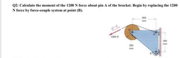 Q2: Calculate the moment of the 1200N force about pin A of the bracket. Begin by replacing the 1200
N force by force-couple system at point (B).
600
100N
500
200
