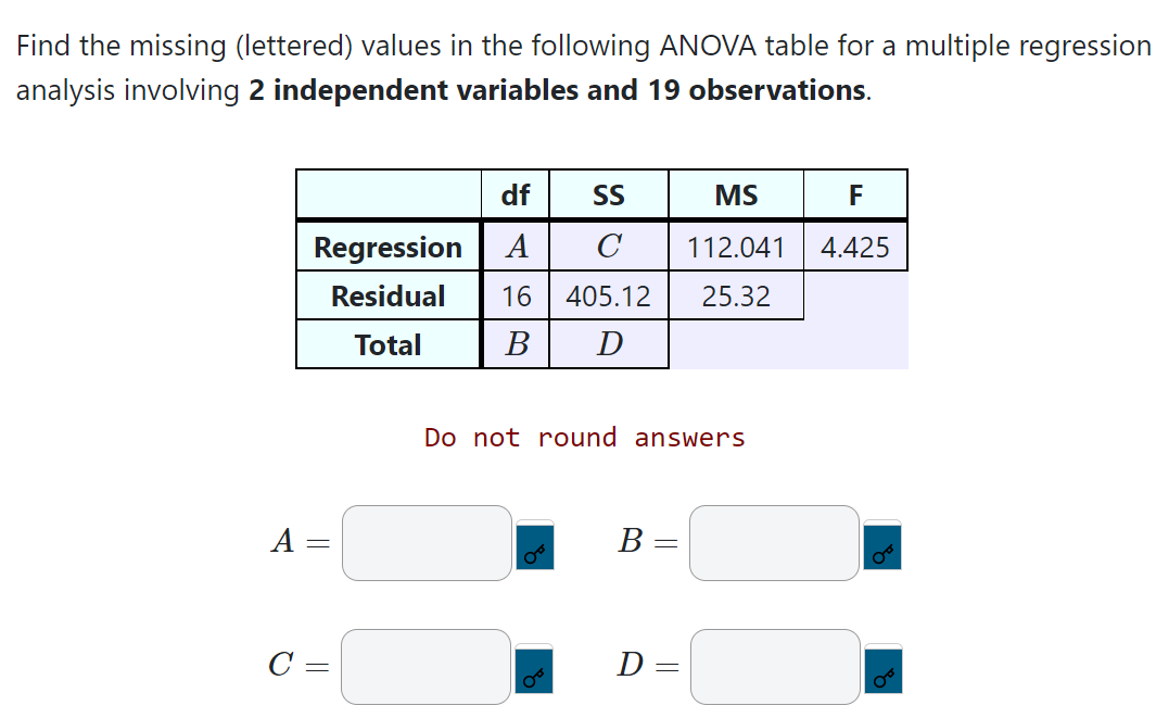 Find the missing (lettered) values in the following ANOVA table for a multiple regression
analysis involving 2 independent variables and 19 observations.
df
SS
Regression A
с
Residual 16 405.12
Total
B D
A =
C =
Do not round answers
B =
MS
F
112.041 4.425
25.32
D=
