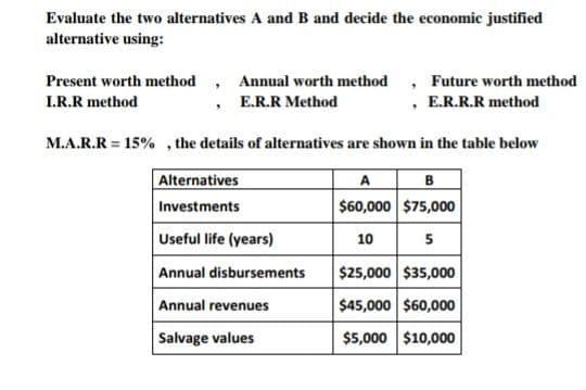 Evaluate the two alternatives A and B and decide the economic justified
alternative using:
Present worth method , Annual worth method , Future worth method
, E.R.R Method
I.R.R method
, E.R.R.R method
M.A.R.R = 15% , the details of alternatives are shown in the table below
Alternatives
A
B
Investments
$60,000 $75,000
Useful life (years)
10
5
Annual disbursements
$25,000 $35,000
Annual revenues
$45,000 $60,000
Salvage values
$5,000 $10,000
