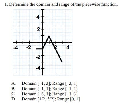 1. Determine the domain and range of the piecewise function.
2-
-2
4.
-4
-2
+
Domain [-1, 3]; Range [-3, 1]
Domain [-1, 1]; Range [-1, 1]
Domain [-3, 1]; Range [-1, 3]
Domain [1/2, 3/2]; Range [0, 1]
A.
B.
C.
D.
4.

