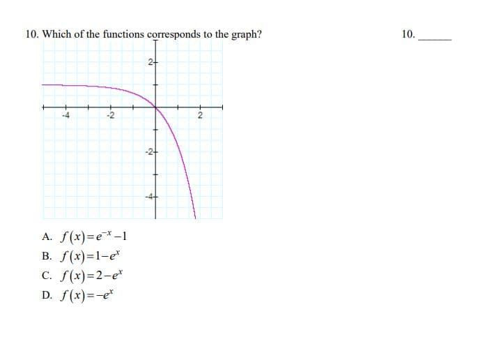 10. Which of the functions corresponds to the graph?
10.
-4+
A. f(x)=e*-1
B. f(x)=1-e*
C. f(x)=2-e*
D. f(x)=-e*
