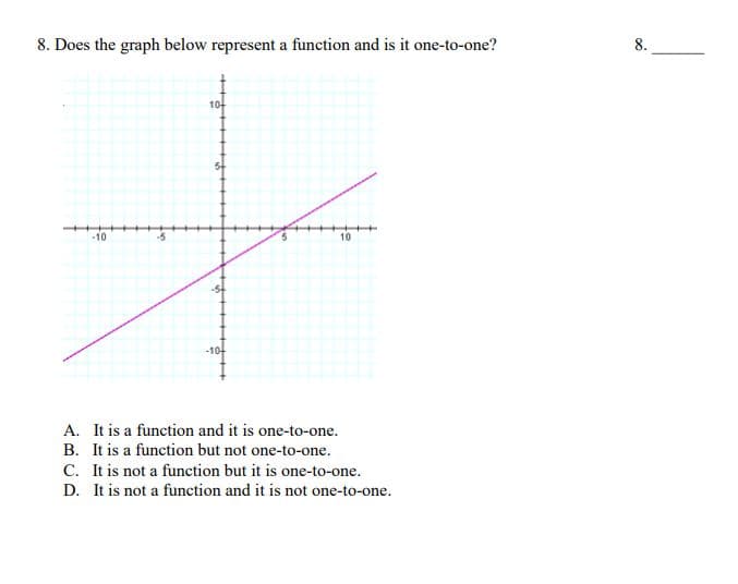 8. Does the graph below represent a function and is it one-to-one?
8.
10
-10
-5
10
-10
A. It is a function and it is one-to-one.
B. It is a function but not one-to-one.
C. It is not a function but it is one-to-one.
D. It is not a function and it is not one-to-one.
