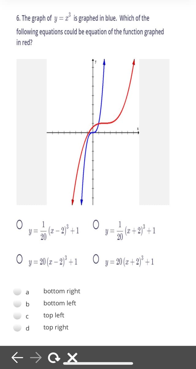 6. The graph of y = x° is graphed in blue. Which of the
following equations could be equation of the function graphed
in red?
1
y =
20
(2 – 2)* +1
1
y =
20
(x + 2)* +1
y = 20 (z – 2)° +1
O y=20 (z +2)° + 1
a
bottom right
b
bottom left
top left
d
top right
