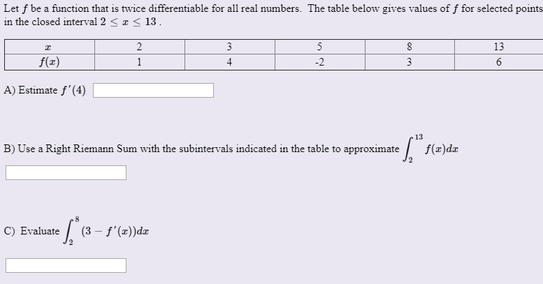Let ƒ be a function that is twice differentiable for all real numbers. The table below gives values of f for selected point
in the closed interval 2 < z < 13 .
2
5
13
f(z)
-2
A) Estimate ƒ'(4)
13
B) Use a Right Riemann Sum with the subintervals indicated in the table to approximate
f(z)dx
C) Evaluate
(3 – f'(x))dz
