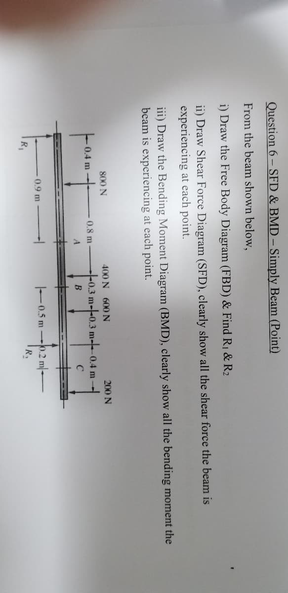 Question 6 - SFD & BMD-Simply Beam (Point)
From the beam shown below,
i) Draw the Free Body Diagram (FBD) & Find R1 & R2
ii) Draw Shear Force Diagram (SFD), clearly show all the shear force the beam is
experiencing at each point.
iii) Draw the Bending Moment Diagram (BMD), clearly show all the bending moment the
beam is experiencing at each point.
400 N 600 N
200 N
800 N
0.8 m
0.3 m--0.3 m-
0.4 m
0.4 m
C
0.9 m
0.5 mo.2 m-
