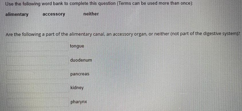 Use the following word bank to complete this question (Terms can be used more than once):
alimentary
accessory
neither
Are the following a part of the alimentary canal, an accessory organ, or neither (not part of the digestive system)?
tongue
duodenum
pancreas
kidney
pharynx
