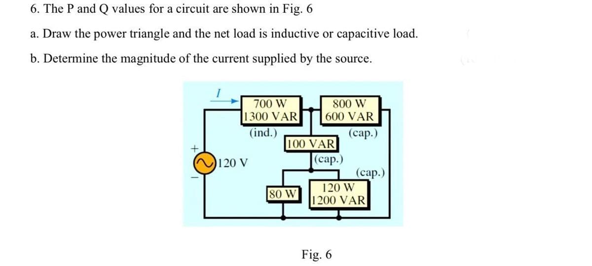 6. The P and Q values for a circuit are shown in Fig. 6
a. Draw the power triangle and the net load is inductive or capacitive load.
b. Determine the magnitude of the current supplied by the source.
+
700 W
1300 VAR
(ind.)
120 V
800 W
600 VAR
100 VAR
80 W
(cap.)
(cap.)
Fig. 6
(cap.)
120 W
1200 VAR