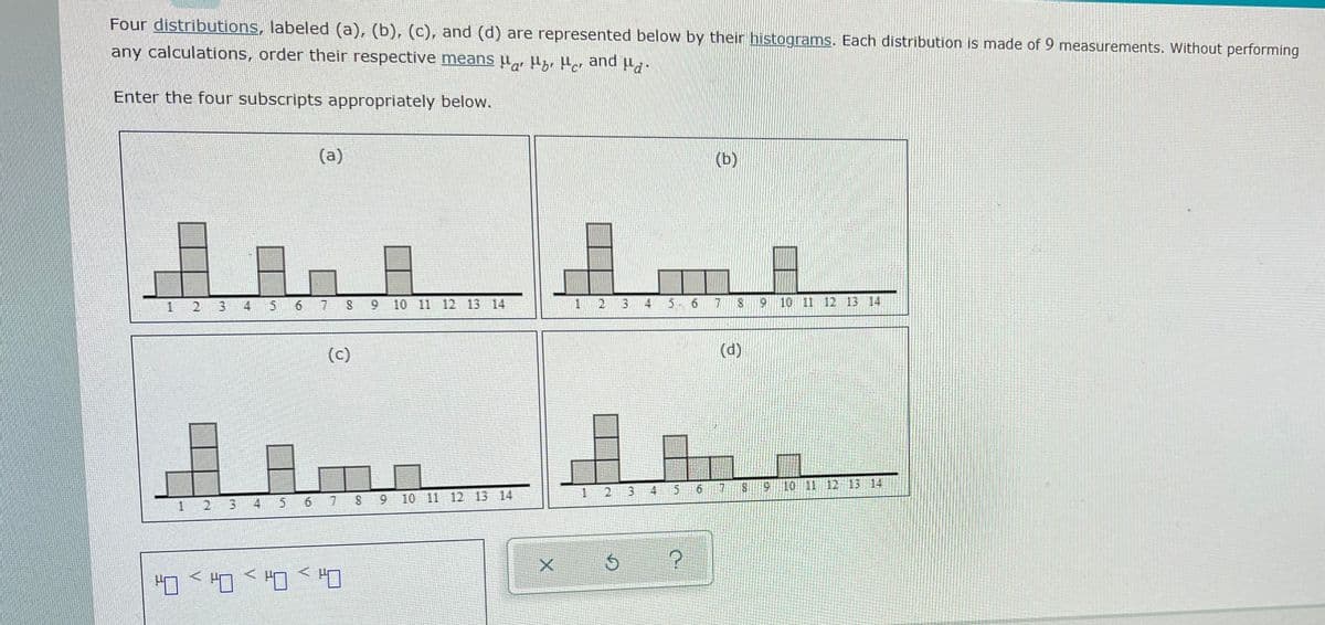 Four distributions, labeled (a), (b), (c), and (d) are represented below by their histograms. Each distribution is made of 9 measurements. Without performing
any calculations, order their respective means ji,, yr Har and µ,.
Enter the four subscripts appropriately below.
(a)
(b)
1.
7
S 9 10 11 12 13 14
1 2 3
9 10 11 12 13 14
(c)
(d)
15
9 10 11 12 13 14
2 3
6.
9 10 11 12 13 14
2
Oi > Ox > Ox > O
en
