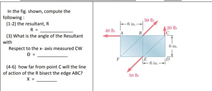 In the fig. shown, compute the
following :
(1-2) the resultant, R
50 lb
- 6 in.-
20 lb
C
R =
40 lb
B
(3) What is the angle of the Resultant
with
6 in.
Respect to the x- axis measured Cw
F
6 in.-
(4-6) how far from point C will the line
of action of the R bisect the edge ABC?
X =
50 lb
