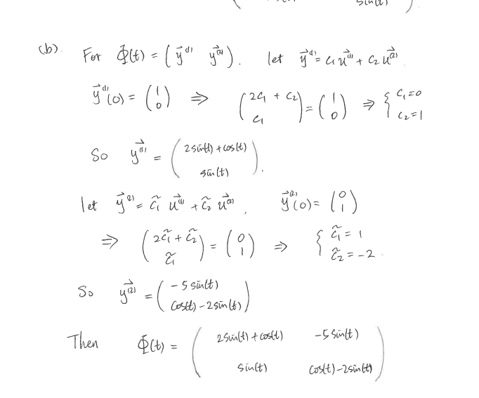 (b)
For ($(t) = (ýdı yöu). let y^² = 4²" + c₂us
→di
y" (0) = (6) >>
24
(29+ (2)=(!) → { (100
(₂=1
2 Sintl) + (os (t)
sin(t)
let y ¹¹ = π u ² + ₂ um
So
you = (
=> ( ₂² + 4) = ( 9 )
दे
5 sült)
yai = (Costt) - 2 sin (6),
(t) =
So you =(
Then
y (0) = (i)
{}
2₁ = 1
2₂=-2.
25m(t) + cos(1)
Sin(t)
-5 Sin(t)
Cos(t)-25mm(t)