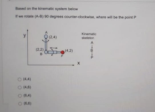 Based on the kinematic system below
If we rotate (A-B) 90 degrees counter-clockwise, where will be the point P
Kinematic
(2,4)
skeleton
(4.4)
(4,6)
(6,4)
(6,6)
