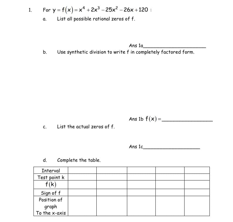 For y = f(x) = x* +2x3 - 25x? – 26x +120 :
List all possible rational zeros of f.
1.
a.
Ans la
b.
Use synthetic division to write f in completely factored form.
Ans 1b f(x) =,
C.
List the actual zeros of f.
Ans 1c
