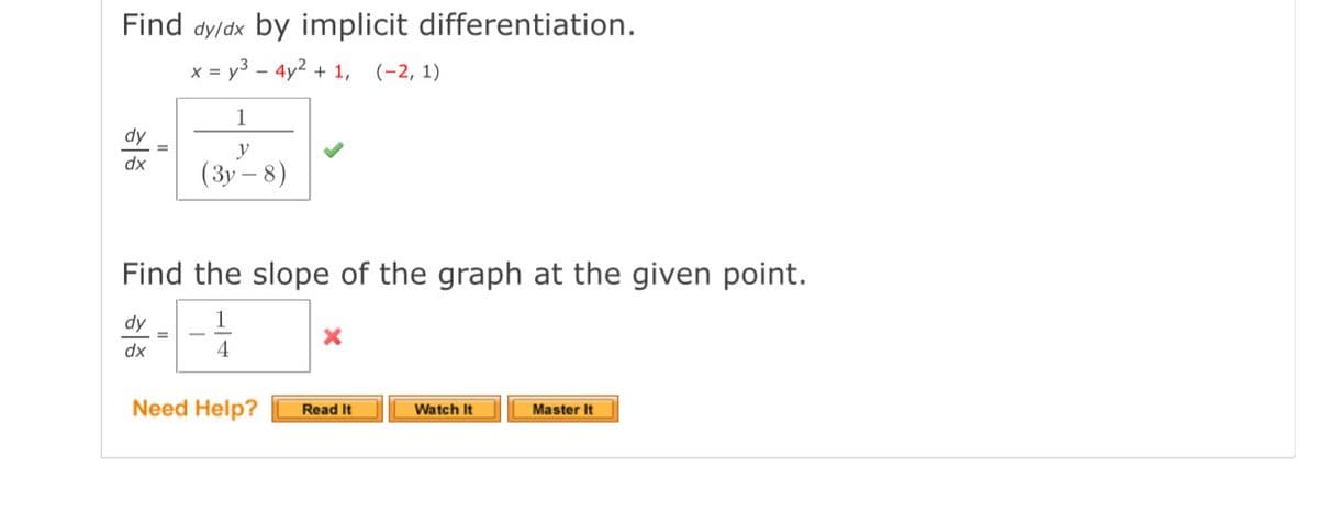 Find dy/dx by implicit differentiation.
x = y3 - 4y2 + 1, (-2, 1)
1
dy
y
dx
(Зу — 8)
Find the slope of the graph at the given point.
dy
dx
4
Need Help?
Watch It
Master It
Read It
