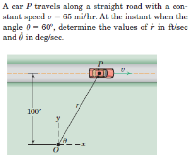 A car P travels along a straight road with a con-
stant speed v = 65 mi/hr. At the instant when the
angle 0 = 60°, determine the values of i in ft/sec
and ở in deg/sec.
100'
