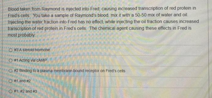 Blood taken from Raymond is injected into Fred, causing increased transcription of red protein in
Fred's cells You take a sample of Raymond's blood, mix it with a 50-50 mix of water and oil.
Injecting the water fraction into Fred has no effect, while injecting the oil fraction causes increased
transcription of red protein in Fred's cells. The chemical agent causing these effects in Fred is
most probably
O #3 A sterold hormone
O #1 Acting via CAMP
O #2 Binding to a plasma membrane-bound receptor on Fred's cells
O #1 and #2
O #1, #2 and #3
