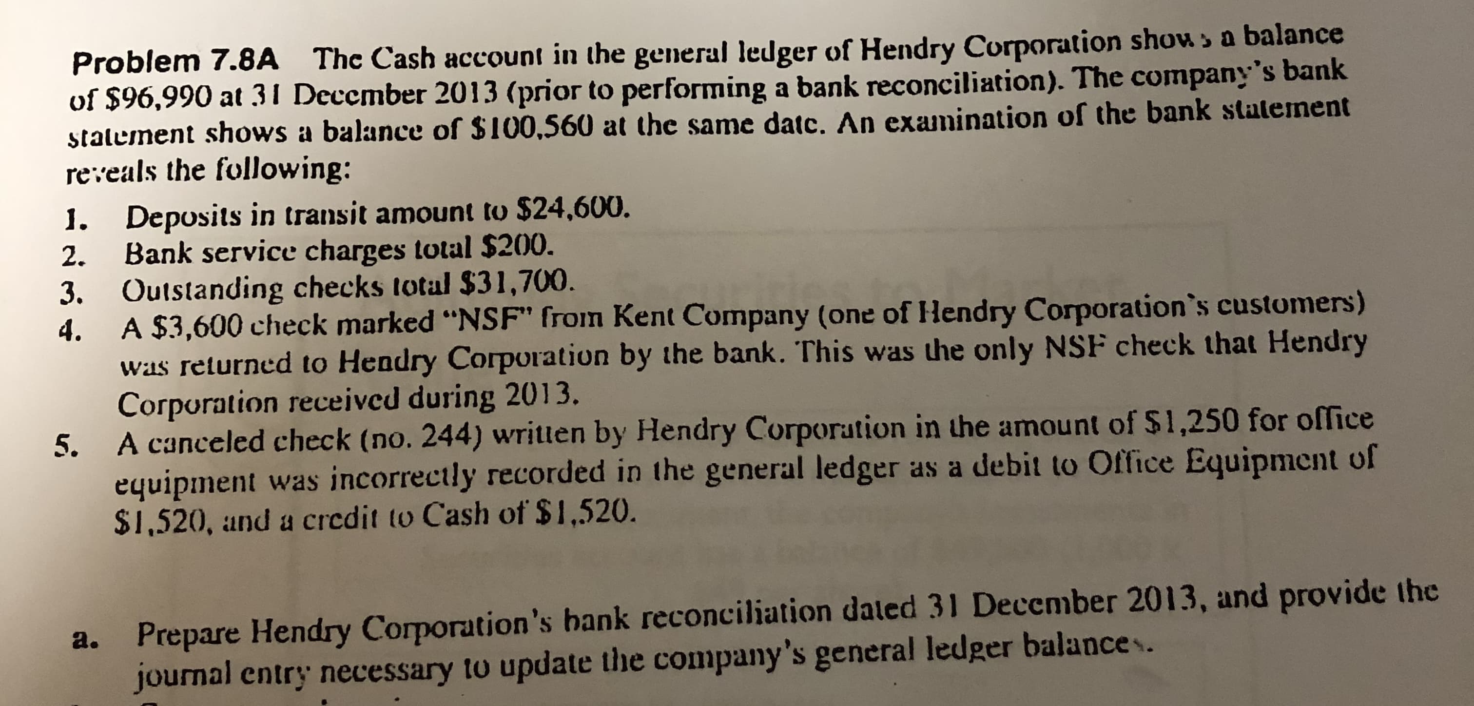 Problem 7.8A The Cash account in the general ledger of Hendry Corporation show> a balance
of $96,990 at 31 December 2013 (prior to performing a bank reconciliation). The company's bank
stalement shows a balance of $100,560 at the same datc. An examination of the bank statement
reveals the following:
1. Deposits in transit amount to $24,600.
Bank service charges total $200.
3. Outstanding checks total $31,700.
A $3,600 check marked "NSF" from Kent Company (one of Hendry Corporation*s customers)
was returned to Hendry Corporation by the bank. This was the only NSF check that Hendry
Corporation received during 2013.
A canceled check (no. 244) written by Hendry Corporation in the amount of $1,250 for office
equipment was incorrectly recorded in the general ledger as a debit to Office Equipment of
$1,520, and a credit to Cash of $1,520.
2.
4.
5.
Prepare Hendry Corporation's bank reconciliation daled 31 December 2013, and provide the
journal entry necessary to update the company's general ledger balances.
a.
