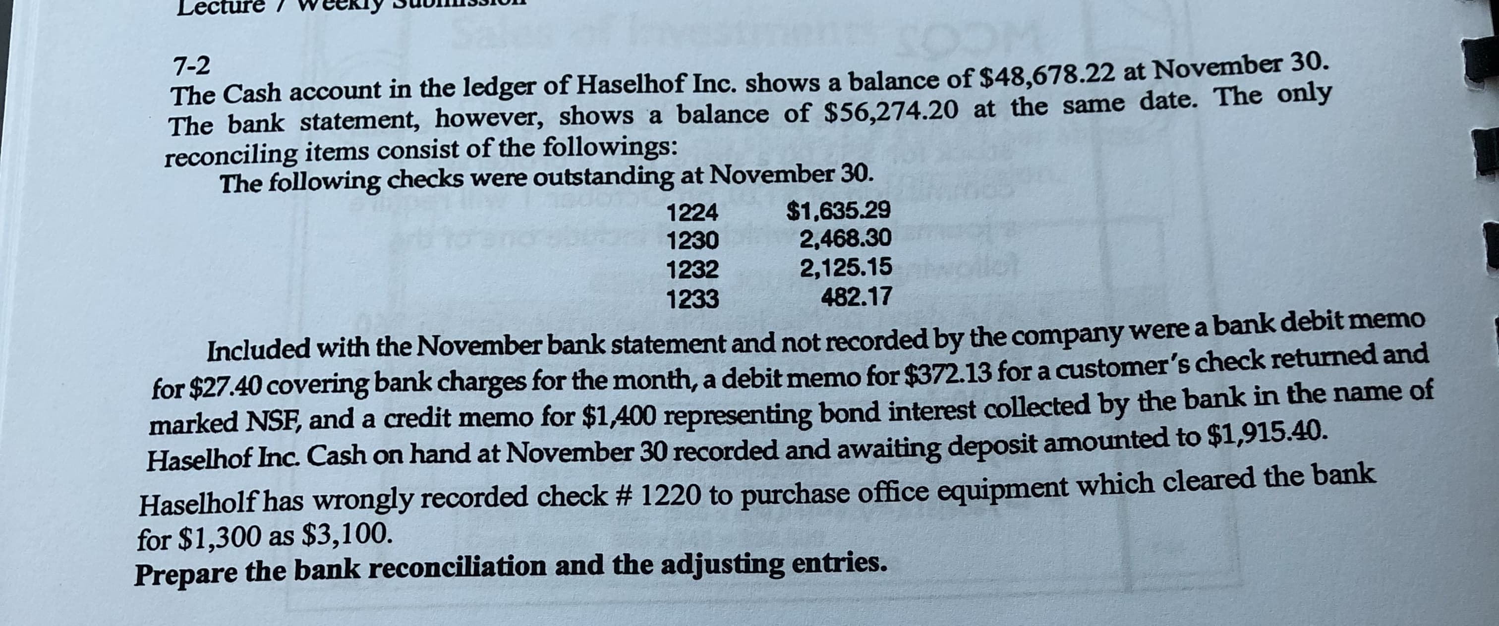 7-2
The Cash account in the ledger of Haselhof Inc. shows a balance of $48,678.22 at November 30.
The bank statement, however, shows a balance of $56,274.20 at the same date. The only
reconciling items consist of the followings:
The following checks were outstanding at November 30.
1224
1230
$1,635.29
2,468.30
2,125.15
482.17
1232
1233
Included with the November bank statement and not recorded by the company werea bank debit memo
for $27.40 covering bank charges for the month, a debit memo for $372.13 fora customer's check returned and
marked NSF, and a credit memo for $1,400 representing bond interest collected by the bank in the name of
Haselhof Inc. Cash on hand at November 30 recorded and awaiting deposit amounted to $1,915.40.
Haselholf has wrongly recorded check # 1220 to purchase office equipment which cleared the bank
for $1,300 as $3,100.
Prepare the bank reconciliation and the adjusting entries.
