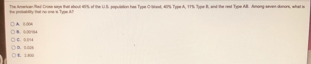 The American Red Cross says that about 45% of the U.S. population has Type O blood, 40% Type A, 11% Type B, and the rest Type AB. Among seven donors, what is
the probability that no one is Type A?
O A. 0.004
OB. 0.00164
O C. 0.014
O D. 0.028
O E. 2.800
