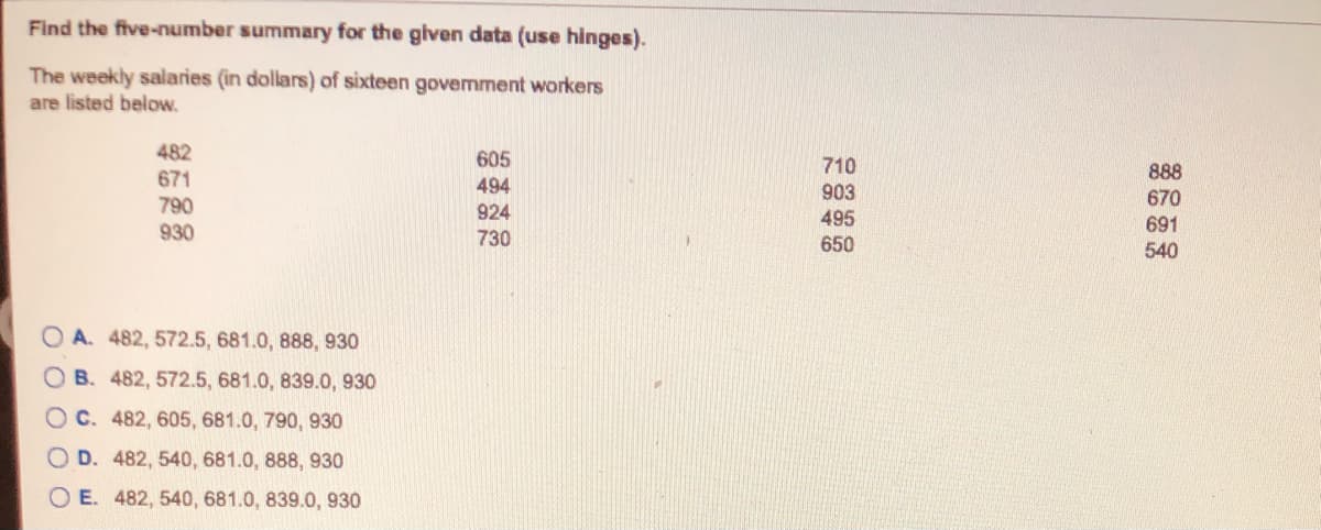 Find the five-number summary for the given data (use hinges).
The weekly salaries (in dollars) of sixteen govemment workers
are listed below.
482
671
605
710
888
494
903
670
790
930
924
495
691
540
730
650
A. 482, 572.5, 681.0, 888, 930
B. 482, 572.5, 681.0, 839.0, 930
O C. 482, 605, 681.0, 790, 930
D. 482, 540, 681.0, 888, 930
O E. 482, 540, 681.0, 839.0, 930
O 0 0 0
