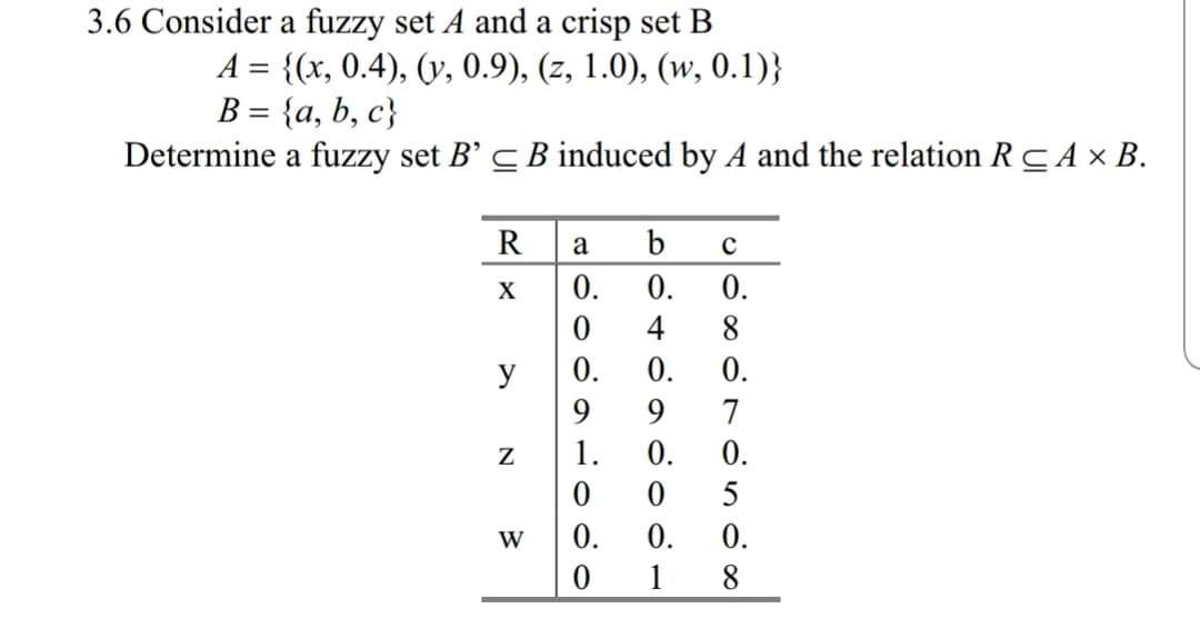 3.6 Consider a fuzzy set A and a crisp set B
A = {(x, 0.4). O, 0.9), (z, 1.0), (w, 0.1))
B = {a, b, c
Determine a fuzzy set B B induced by A and the relation R cAx B
R a b c
0 4 8
|0,
0.
y
