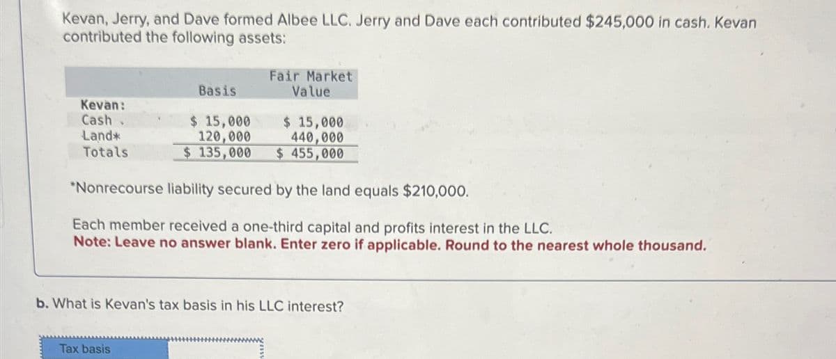 Kevan, Jerry, and Dave formed Albee LLC. Jerry and Dave each contributed $245,000 in cash. Kevan
contributed the following assets:
Fair Market
Value
Basis
Kevan:
Cash
Land*
$ 15,000
120,000
$ 15,000
Totals
$ 135,000
440,000
$455,000
*Nonrecourse liability secured by the land equals $210,000.
Each member received a one-third capital and profits interest in the LLC.
Note: Leave no answer blank. Enter zero if applicable. Round to the nearest whole thousand.
b. What is Kevan's tax basis in his LLC interest?
Tax basis