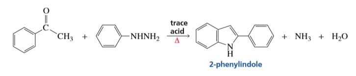 ||
trace
CH3
NHNH,
acid
+ NH3 + H20
H.
2-phenylindole
