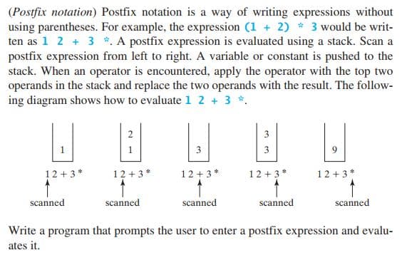 (Postfix notation) Postfix notation is a way of writing expressions without
using parentheses. For example, the expression (1 + 2) 3 would be writ-
ten as 1 2 + 3 *. A postfix expression is evaluated using a stack. Scan a
postfix expression from left to right. A variable or constant is pushed to the
stack. When an operator is encountered, apply the operator with the top two
operands in the stack and replace the two operands with the result. The follow-
ing diagram shows how to evaluate 1 2 + 3 *.
1.
3
3
9.
12 + 3 *
12 + 3*
12+3*
12 + 3*
12 +3*
scanned
scanned
scanned
scanned
scanned
Write a program that prompts the user to enter a postfix expression and evalu-
ates it.
