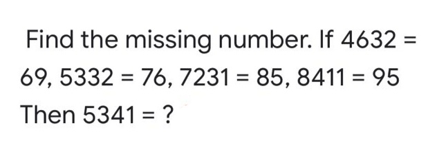 Find the missing number. If 4632 =
69, 5332 = 76, 7231 = 85, 8411 = 95
Then 5341 = ?
