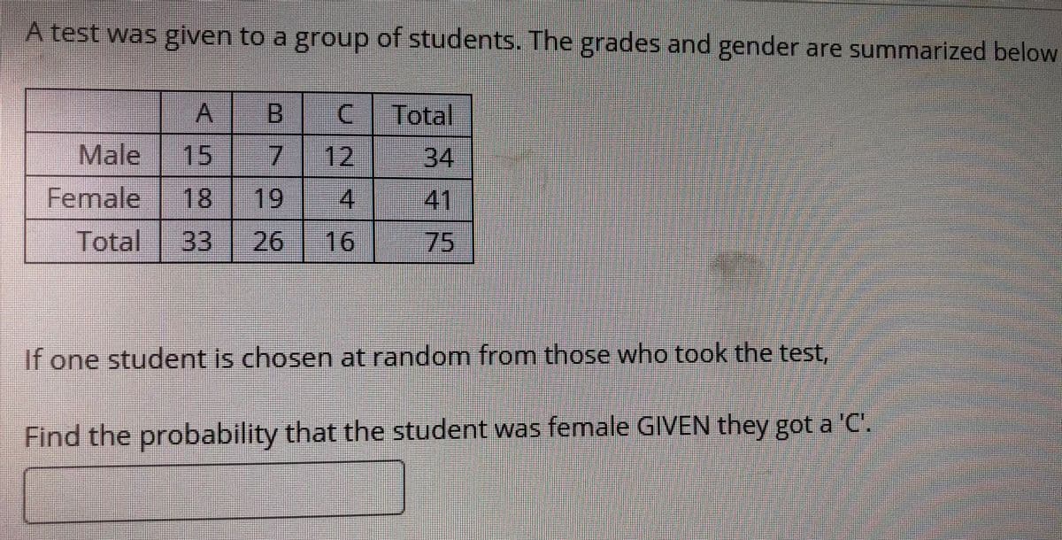 A test was given to a group of students. The grades and gender are summarized below
Total
Male
15
12
34
Female
18 19
41
Total
33 26
16
75
If one student is chosen at random from those who took the test,
Find the probability that the student was female GIVEN they got a 'C.
