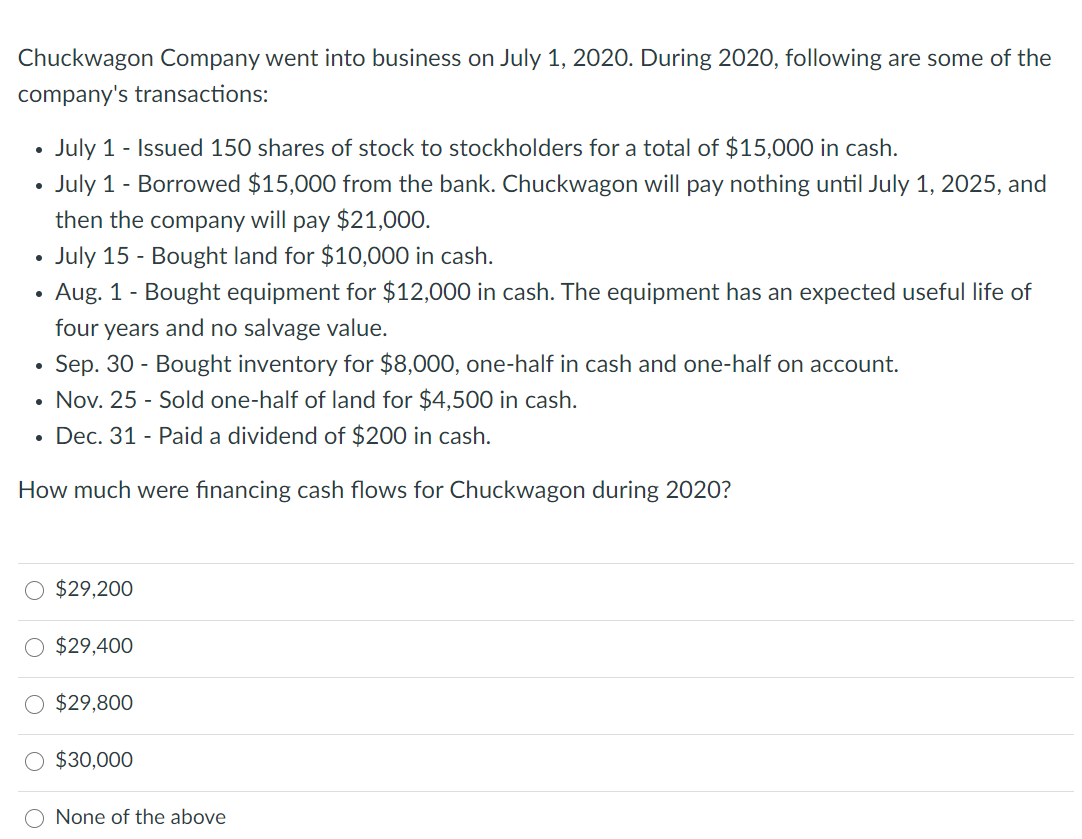 Chuckwagon Company went into business on July 1, 2020. During 2020, following are some of the
company's transactions:
July 1 - Issued 150 shares of stock to stockholders for a total of $15,000 in cash.
July 1 - Borrowed $15,000 from the bank. Chuckwagon will pay nothing until July 1, 2025, and
then the company will pay $21,000.
July 15 - Bought land for $10,000 in cash.
Aug. 1 - Bought equipment for $12,000 in cash. The equipment has an expected useful life of
four years and no salvage value.
Sep. 30 - Bought inventory for $8,000, one-half in cash and one-half on account.
• Nov. 25 - Sold one-half of land for $4,500 in cash.
Dec. 31 - Paid a dividend of $200 in cash.
How much were financing cash flows for Chuckwagon during 2020?
$29,200
O $29,400
$29,800
O $30,000
None of the above
