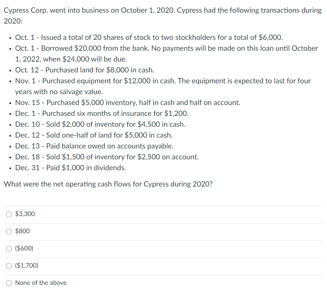 Cypress Corp. went into business on October 1, 2020. Cypress had the following transactions during
2020:
Oct. 1 - Issued a total of 20 shares of stock to two stockholders for a total of $6,00O.
• Oct. 1 - Borrowed $20,000 from the bank. No payments will be made on this loan until October
1, 2022, when $24,000 will be due.
Oct. 12 - Purchased land for $8,000 in cash.
• Nov. 1 - Purchased equipment for $12,000 in cash. The equipment is expected to last for four
years with no salvage value.
• Nov. 15 - Purchased $5,000 inventory, half in cash and half on account.
• Dec. 1 - Purchased six months of insurance for $1,200.
Dec. 10 - Sold $2,000 of inventory for $4,500 in cash.
• Dec. 12 - Sold one-half of land for $5,000 in cash.
Dec. 13 - Paid balance owed on accounts payable.
Dec. 18 - Sold $1,500 of inventory for $2,500 on account.
• Dec. 31 - Paid $1,000 in dividends.
What were the net operating cash flows for Cypress during 2020?
O $3,300
$800
O ($600)
O ($1,700)
None of the above
