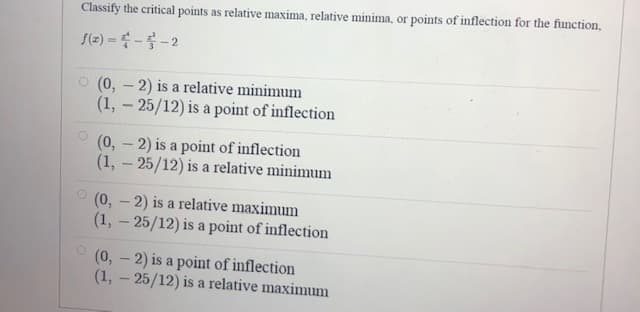 Classify the critical points as relative maxima, relative minima, or points of inflection for the function,
S(2) ---2
