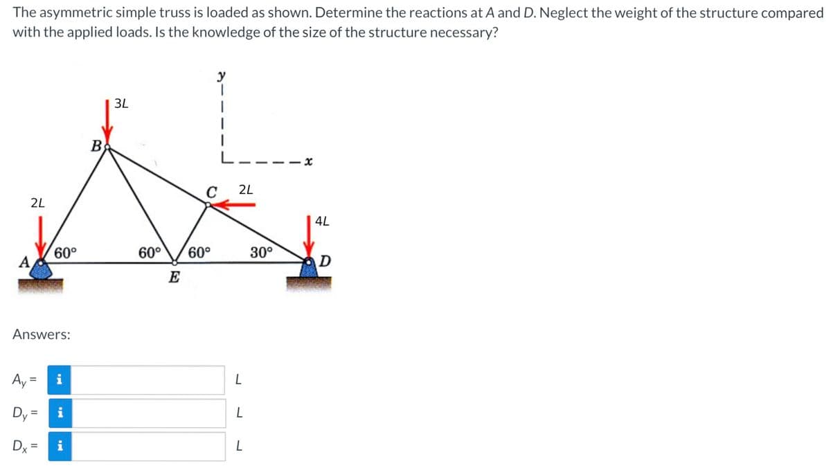 The asymmetric simple truss is loaded as shown. Determine the reactions at A and D. Neglect the weight of the structure compared
with the applied loads. Is the knowledge of the size of the structure necessary?
3L
|
C 2L
4L
2L
60°
Answers:
Ay =
i
Dy=
Dx =
i
i
B
60° 60°
E
L
L
L
30⁰
D