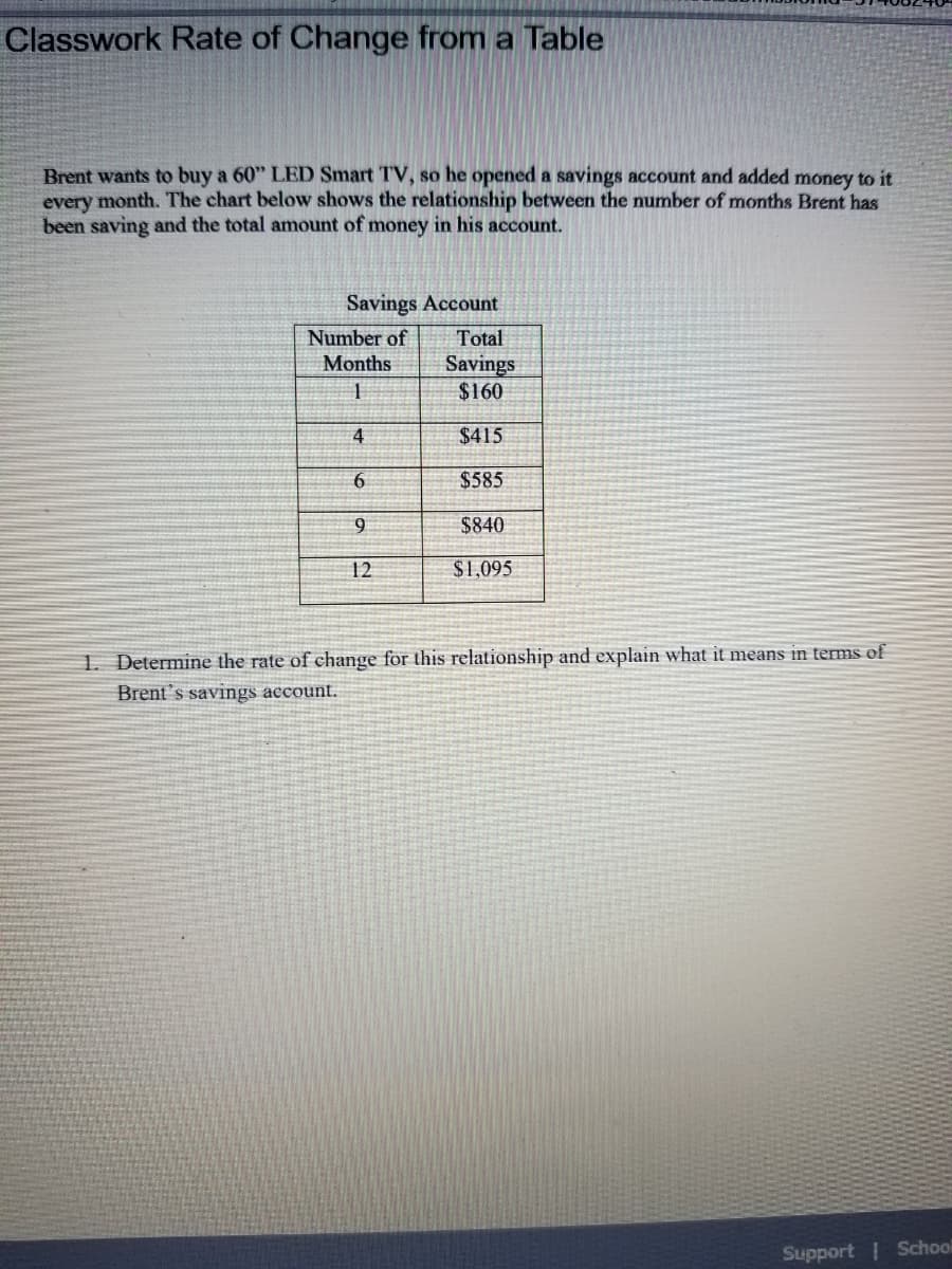 Classwork Rate of Change from a Table
Brent wants to buy a 60" LED Smart TV, so he opened a savings account and added money to it
every month. The chart below shows the relationship between the number of months Brent has
been saving and the total amount of money in his account.
Savings Account
Total
Savings
$160
Number of
Months
1
4
$415
6.
$585
9
$840
12
$1,095
1. Determine the rate of change for this relationship and explain what it means in terms of
Brent's savings account.
Support School
