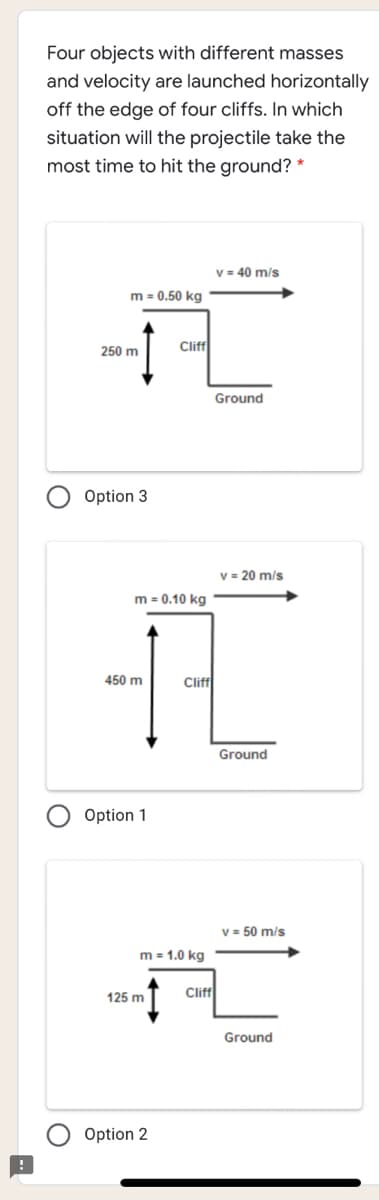 Four objects with different masses
and velocity are launched horizontally
off the edge of four cliffs. In which
situation will the projectile take the
most time to hit the ground? *
v = 40 m/s
m = 0.50 kg
Cliff
250 m
Ground
Option 3
v = 20 m/s
m = 0.10 kg
450 m
Clif
Ground
Option 1
v = 50 m/s
m = 1.0 kg
Cliff
125 m
Ground
Option 2
