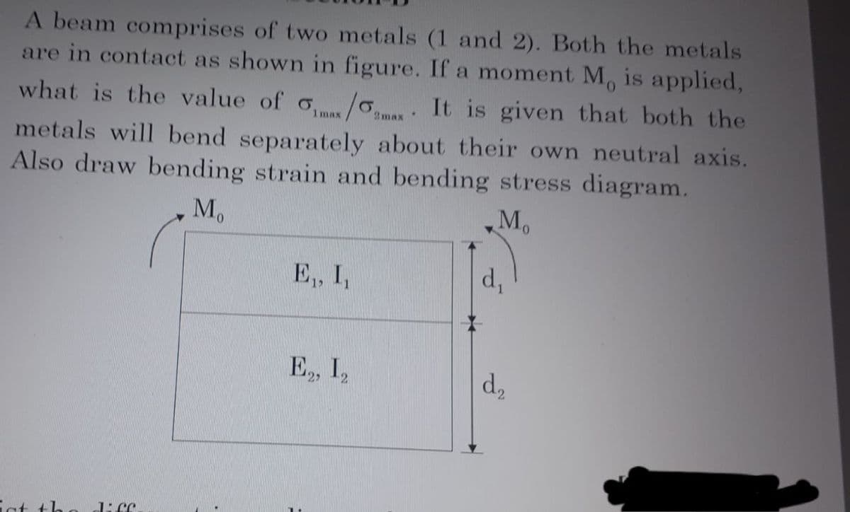 2max
1 max
A beam comprises of two metals (1 and 2). Both the metals
are in contact as shown in figure. If a moment M, is applied,
what is the value of 0₁/0... It is given that both the
metals will bend separately about their own neutral axis.
Also draw bending strain and bending stress diagram.
Mo
Mo
at th
Jicc
E₁, I,
E2, 12
d₁
d₂