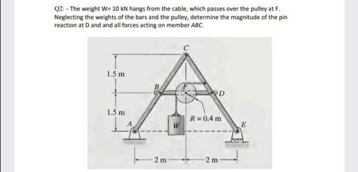 Q2: - The weight W= 10 kN hangs from the cable, which passes over the pulley at F.
Neglecting the weights of the bars and the pulley, determine the magnitude of the pin
reaction at D and and all forces acting on member ABC.
1.5 m
OD
1.5 m
R = 0.4 m
W
2 m
2 m-
