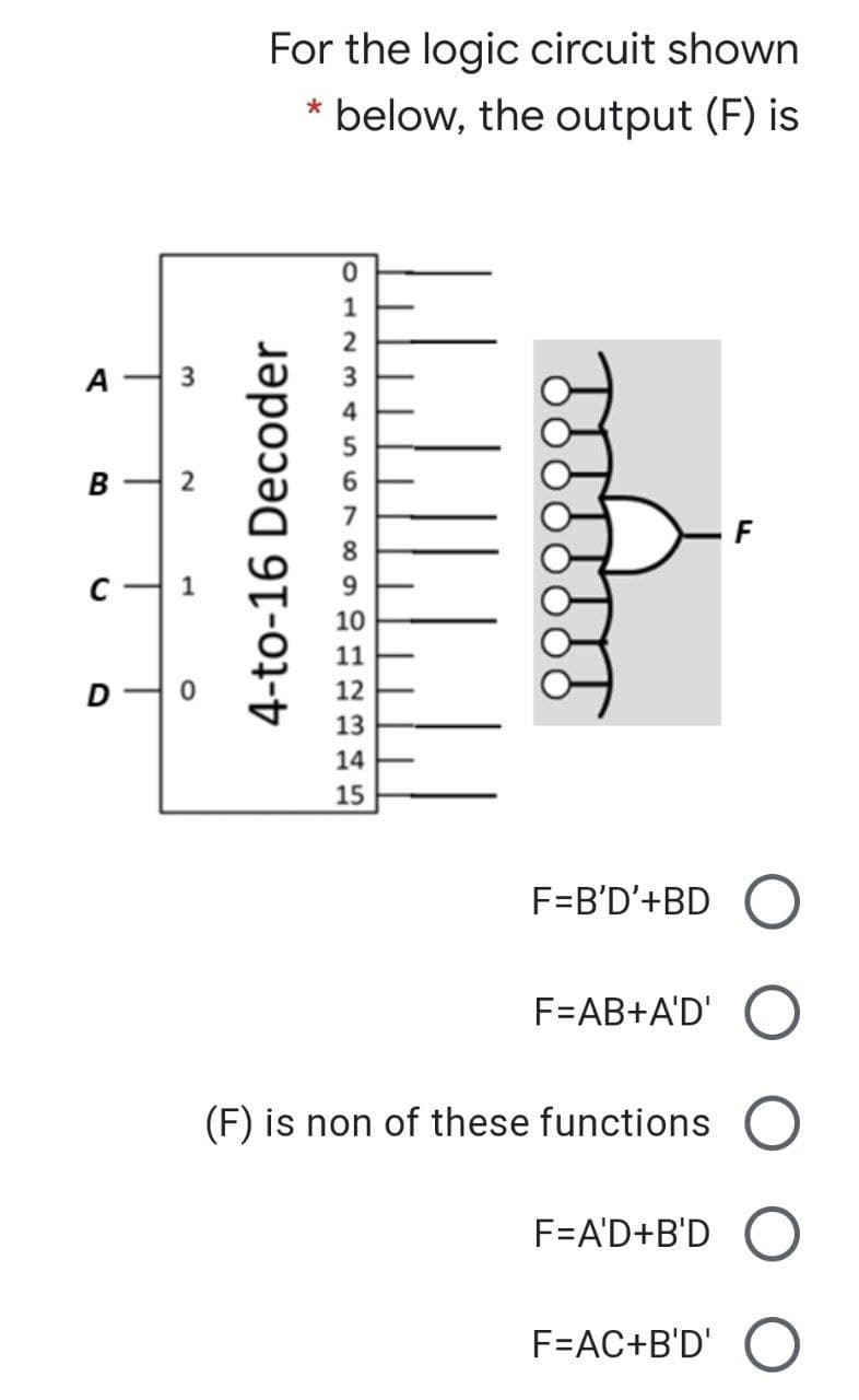 For the logic circuit shown
* below, the output (F) is
в -
F
8.
10
11
12
13
14
15
F=B'D'+BD
F=AB+A'D'
(F) is non of these functions
F=A'D+B'D
F=AC+B'D'
4-to-16 Decoder
3.
2.
1.
