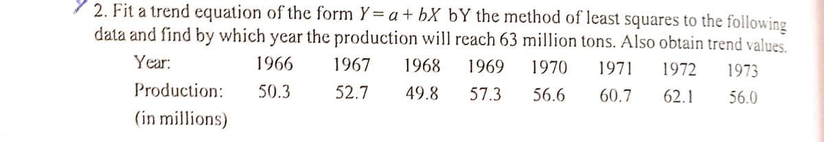 2. Fit a trend equation of the form Y= a + bX bY the method of least squares to the following
data and find by which year the production will reach 63 million tons. Also obtain trend values.
Year:
1966
1967
1968
1969
1970
1971
1972
1973
Production:
50.3
52.7
49.8
57.3
56.6
60.7
62.1
56.0
(in millions)
