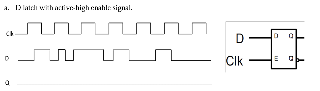 a. D latch with active-high enable signal.
Clk
D
Q
D
D
Q
E
Q
Clk