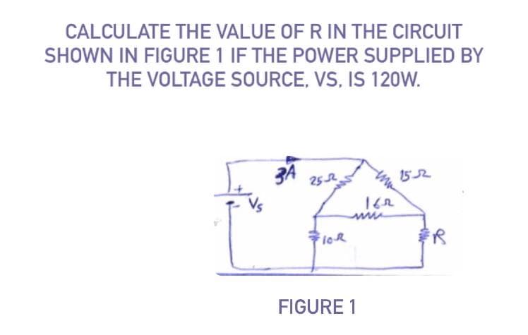 CALCULATE THE VALUE OF R IN THE CIRCUIT
SHOWN IN FIGURE 1 IF THE POWER SUPPLIED BY
THE VOLTAGE SOURCE, VS, IS 120W.
3A
152
252.
FIGURE 1
