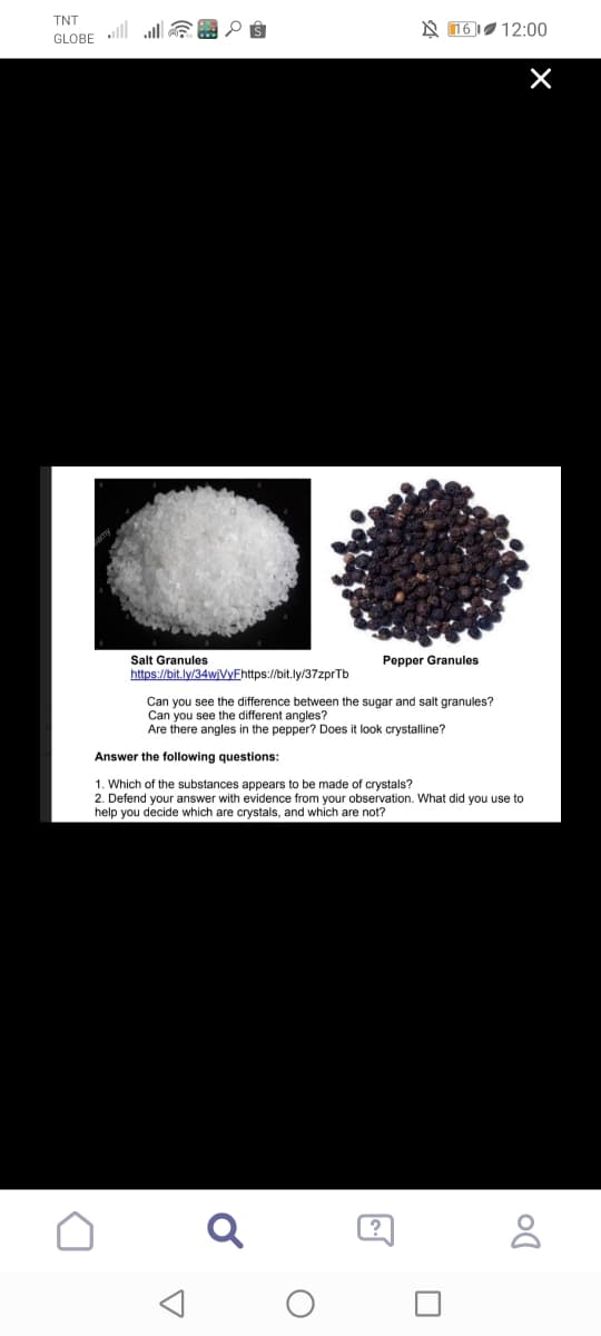 TNT
.ll al E
N 16 12:00
GLOBE
Salt Granules
Pepper Granules
https://bit.ly/34wVyFhttps://bit.ly/37zprTb
Can you see the difference between the sugar and salt granules?
Can you see the different angles?
Are there angles in the pepper? Does it look crystalline?
Answer the following questions:
1. Which of the substances appears to be made of crystals?
2. Defend your answer with evidence from your observation. What did you use to
help you decide which are crystals, and which are not?
