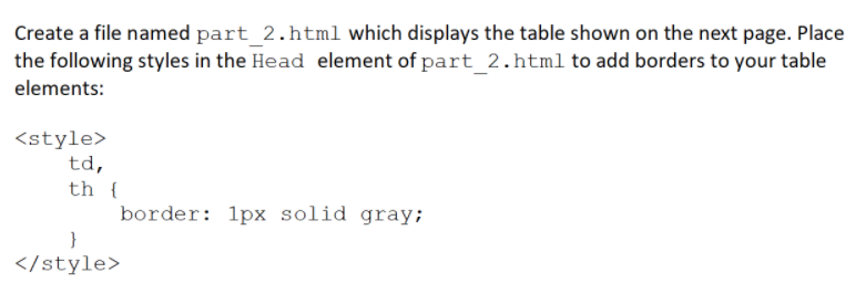 Create a file named part_2.html which displays the table shown on the next page. Place
the following styles in the Head element of part 2.html to add borders to your table
elements:
<style>
td,
th {
border: 1px solid gray;
}
</style>
