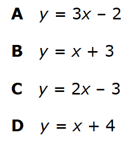 A y = 3x - 2
Зх -
В у%3Dх+ 3
С у%3D 2х - 3
D y = x + 4
