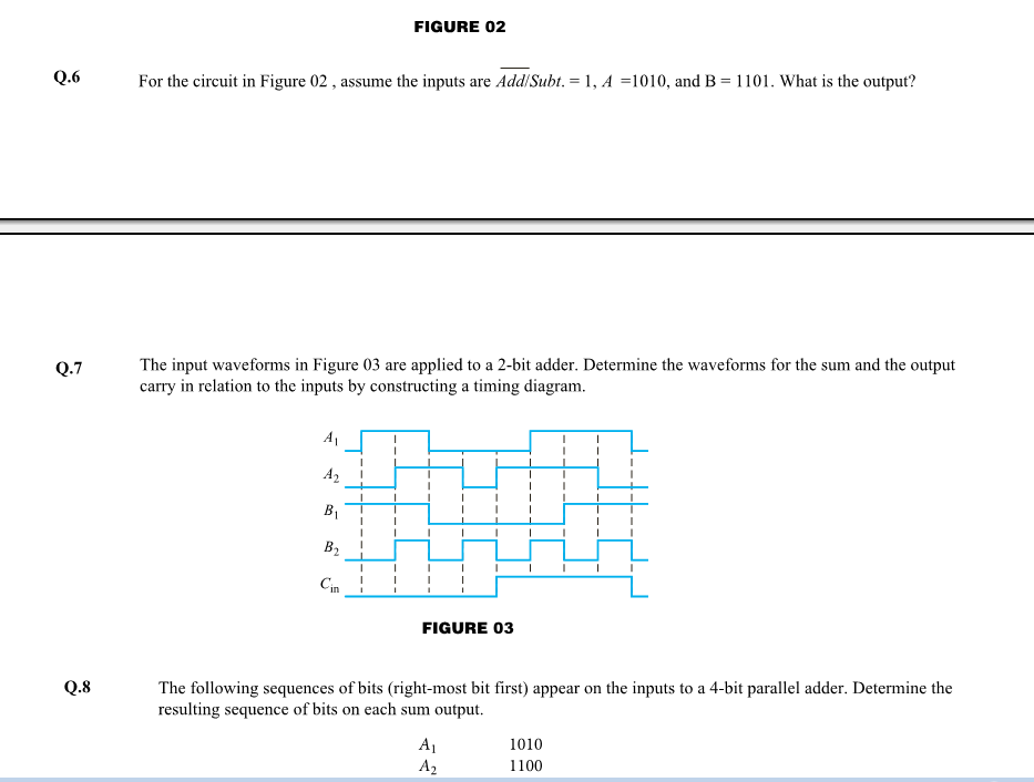 FIGURE 02
Q.6
For the circuit in Figure 02 , assume the inputs are Add/Subt. = 1, A =1010, and B = 1101. What is the output?
The input waveforms in Figure 03 are applied to a 2-bit adder. Determine the waveforms for the sum and the output
carry in relation to the inputs by constructing a timing diagram.
Q.7
A1
A2
B1
B2
Cin
FIGURE 03
Q.8
The following sequences of bits (right-most bit first) appear on the inputs to a 4-bit parallel adder. Determine the
resulting sequence of bits on each sum output.
A1
A2
1010
1100
